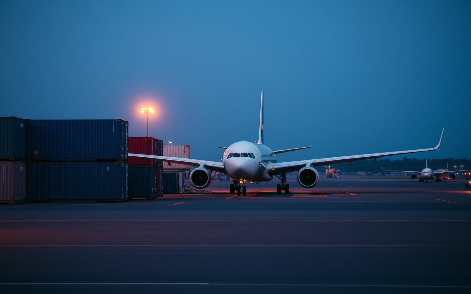 Cargo aircraft and shipping containers at an international freight terminal at dusk